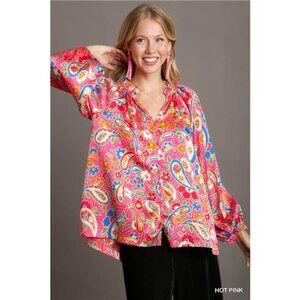 Umgee Full Size Satin Paisley Ruffle Neck Button-Up Shirt Plus Size